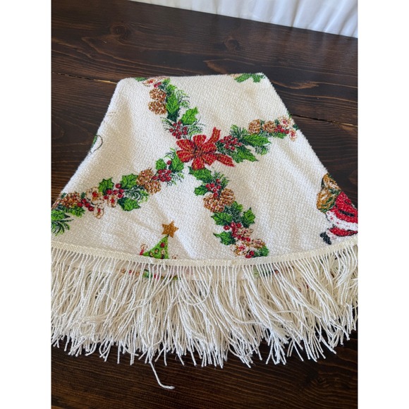 Other - Vintage Christmas Tree Skirt 46 Inch Round Santa Sleigh Fringe Trim Woven White